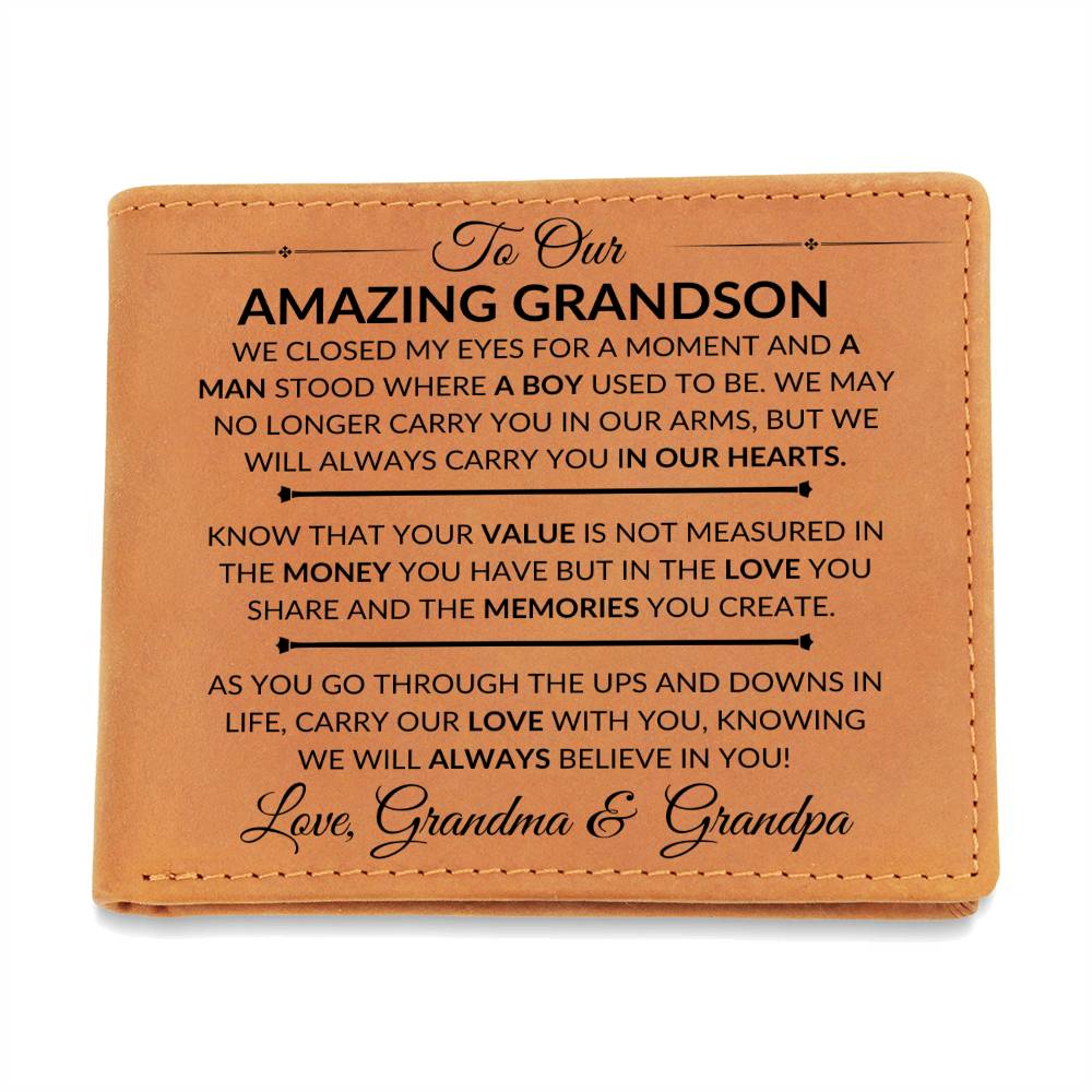 Gift For Our Grandson From His Grandma and Grandpa - We Closed Our Eyes - Men's Custom Bi-fold Leather Wallet - Great Christmas Gift or Birthday Present Idea