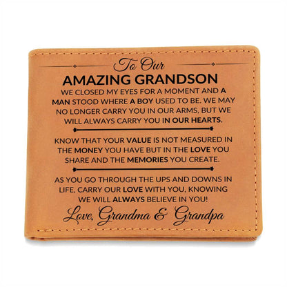 We Closed Our Eyes - Custom Bi-fold Leather Wallet - Gift For Grandson From Grandma & Grandpa - Liliana and Liam