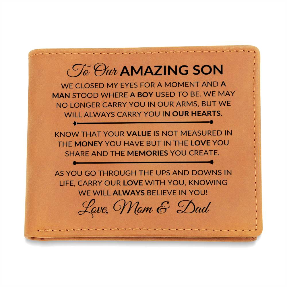 Gift For My Son From His Mom and Dad - We Closed Our Eyes - Men's Custom Bi-fold Leather Wallet - Great Christmas Gift or Birthday Present Idea