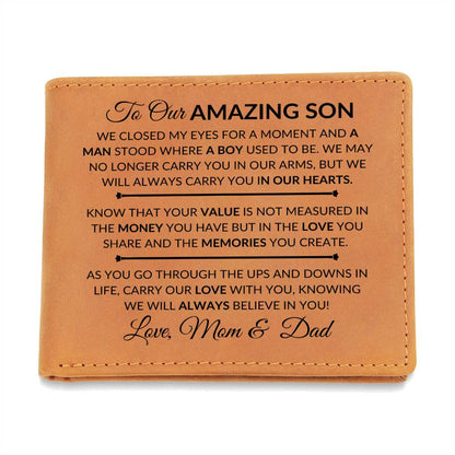 We Closed Our Eyes - Custom Bi-fold Leather Wallet - Gift For Son From Mom & Dad - Liliana and Liam