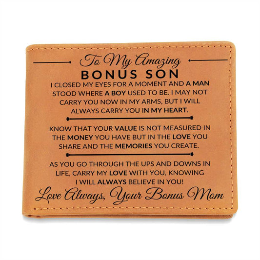 Gift For My Bonus Son From His Bonus Mom - I Closed My Eyes - Men's Custom Bi-fold Leather Wallet - Great Christmas Gift or Birthday Present Idea