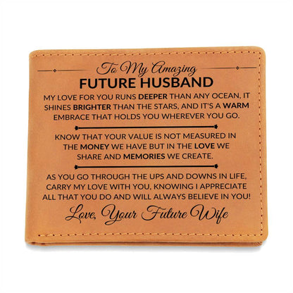In Love And Memories - Custom Bi-fold Leather Wallet - Gift For Future Husband From Future Wife - Liliana and Liam