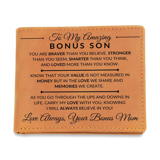 Gift For My Bonus Son From Bonus Mom - Carry My Love With You - Men's Custom Bi-fold Leather Wallet - Great Christmas Gift or Birthday Present Idea