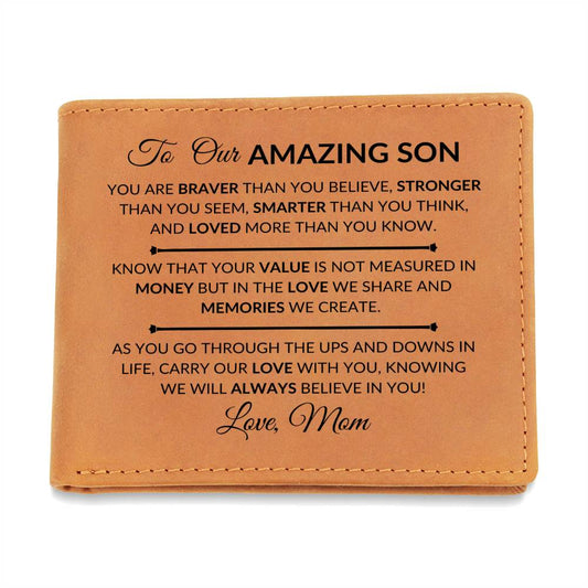 Gift For Our Son From Mom and Dad - Carry Our Love With You - Men's Custom Bi-fold Leather Wallet - Great Christmas Gift or Birthday Present Idea