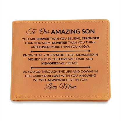 Carry Our Love With You - Custom Bi-fold Leather Wallet - Gift For Son From Mom & Dad - Liliana and Liam