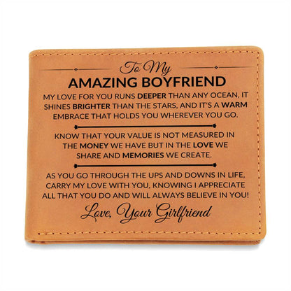 In Love And Memories - Custom Bi-fold Leather Wallet - Gift For Boyfriend From Girlfriend - Liliana and Liam