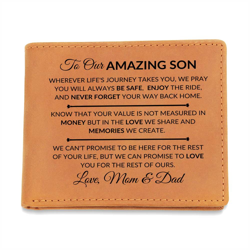 Gift For Son From Mom and Dad - Never Forget Your Way Home - Men's Custom Bi-fold Leather Wallet - Great Christmas Gift or Birthday Present Idea