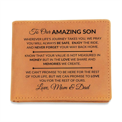Never Forget Your Way Home - Custom Bi-fold Leather Wallet - Gift For Son From Mom & Dad - Liliana and Liam