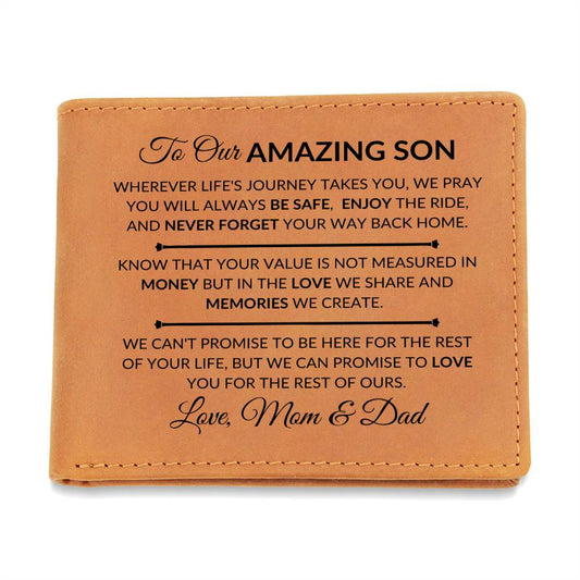 Never Forget Your Way Home - Custom Bi-fold Leather Wallet - Gift For Son From Mom & Dad - Liliana and Liam