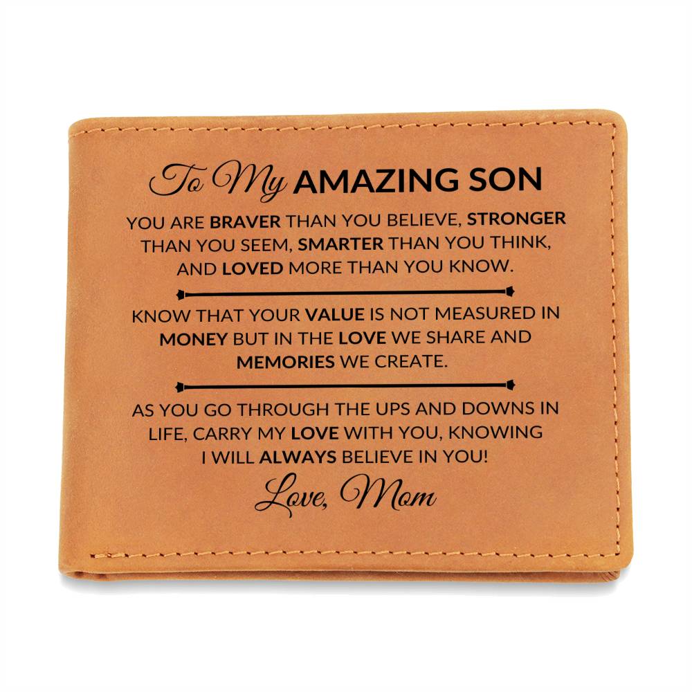 Gift For My Son From Mom - Carry My Love With You - Men's Custom Bi-fold Leather Wallet - Great Christmas Gift or Birthday Present Idea