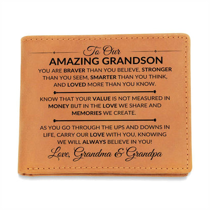 Carry Our Love With You - Custom Bi-fold Leather Wallet - Gift For Grandson From Grandma & Grandpa - Liliana and Liam