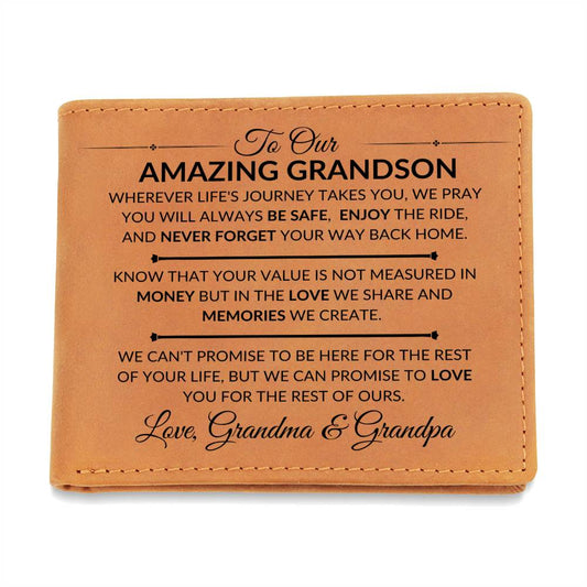 Gift For Grandson From Grandma and Grandpa - Never Forget Your Way Home - Men's Custom Bi-fold Leather Wallet - Great Christmas Gift or Birthday Present Idea