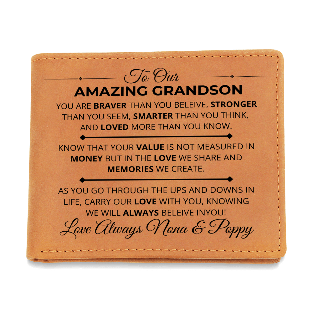 Believe in You - Custom Bi-fold Leather Wallet - Gift For Grandson From Nona & Poppy - Liliana and Liam