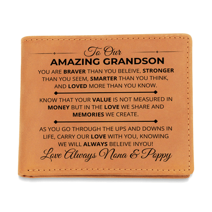 Believe in You - Custom Bi-fold Leather Wallet - Gift For Grandson From Nona & Poppy - Liliana and Liam