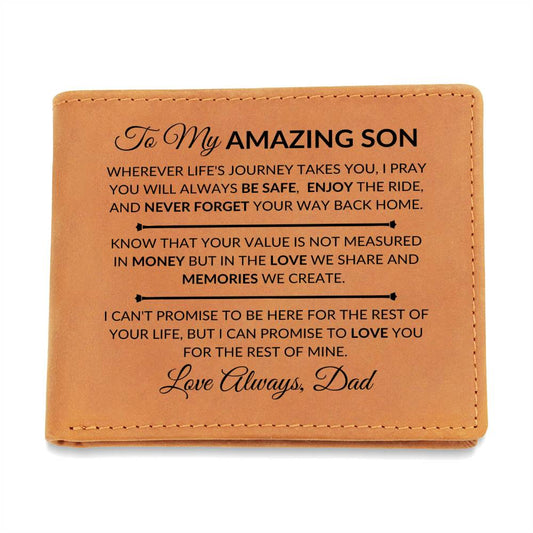 Gift For Son From Dad - Never Forget Your Way Home - Men's Custom Bi-fold Leather Wallet - Great Christmas Gift or Birthday Present Idea