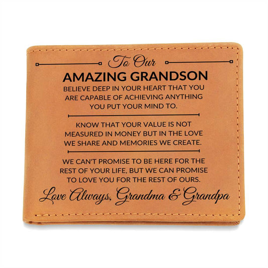 Grandson Gift From Grandma and Grandpa - You Can Achieve Anything - Men's Custom Bi-fold Leather Wallet - Great Christmas Gift or Birthday Present Idea