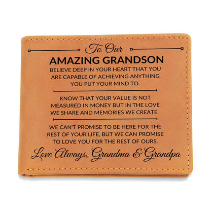 You Can Achieve Anything - Custom Bi-fold Leather Wallet - Gift For Grandson From Grandma & Grandpa - Liliana and Liam