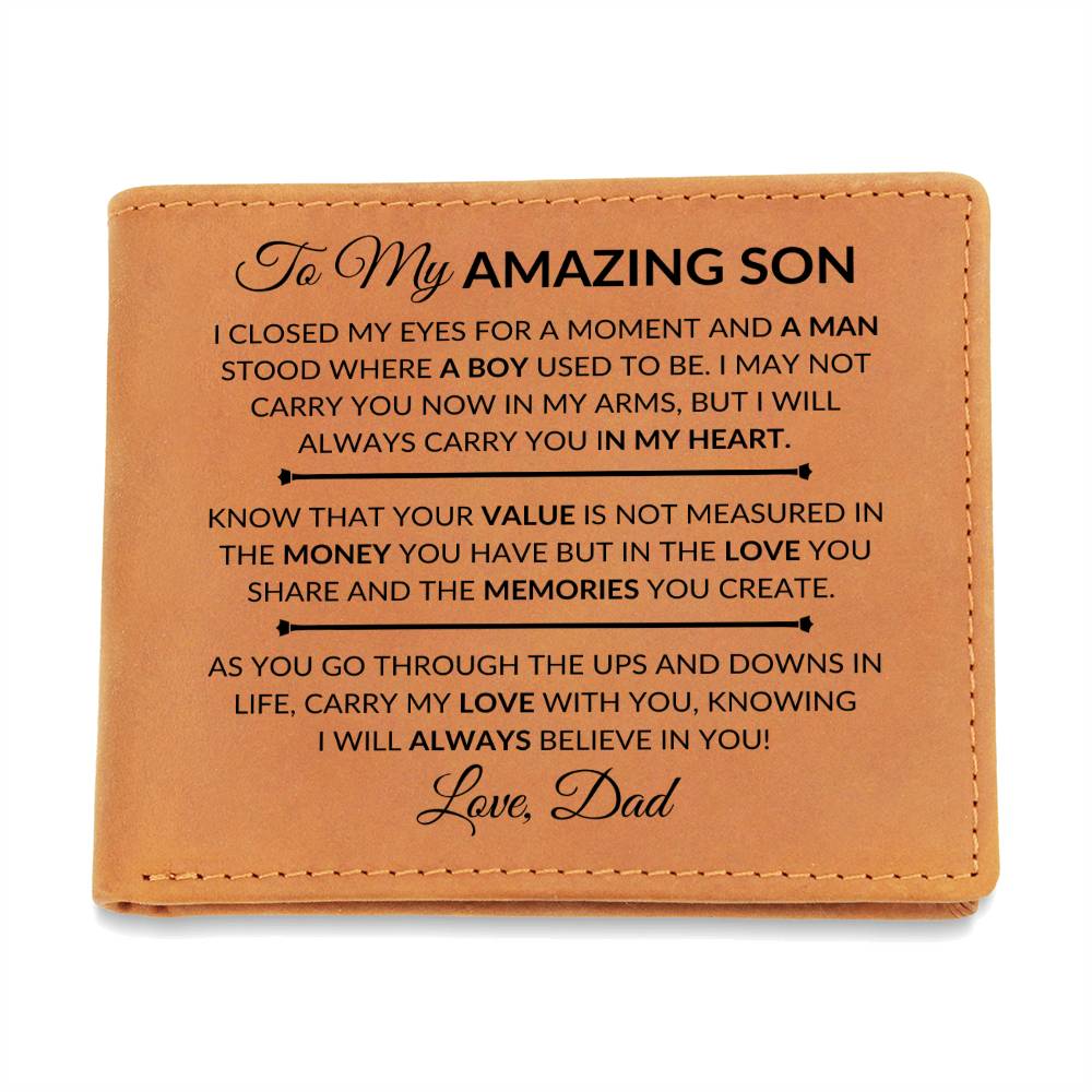 Gift For My Son From His Dad - I Closed My Eyes - Men's Custom Bi-fold Leather Wallet - Great Christmas Gift or Birthday Present Idea