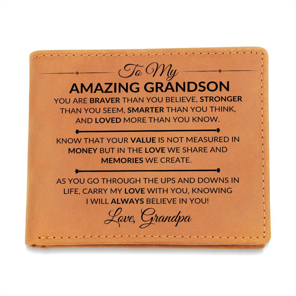 Gift For My Grandson From Grandpa - Carry My Love With You - Men's Custom Bi-fold Leather Wallet - Great Christmas Gift or Birthday Present Idea