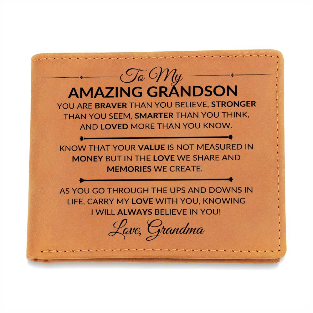 Gift For My Grandson From Grandma - Carry My Love With You - Men's Custom Bi-fold Leather Wallet - Great Christmas Gift or Birthday Present Idea