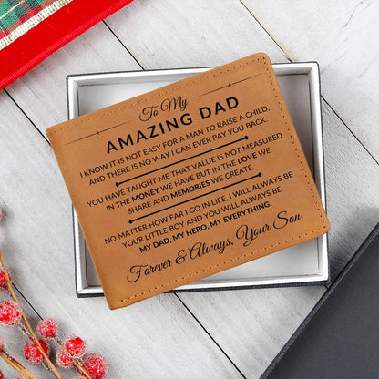 My Dad, My Hero, My Everything - Custom Bi-fold Leather Wallet - Gift For Dad From Son - Liliana and Liam