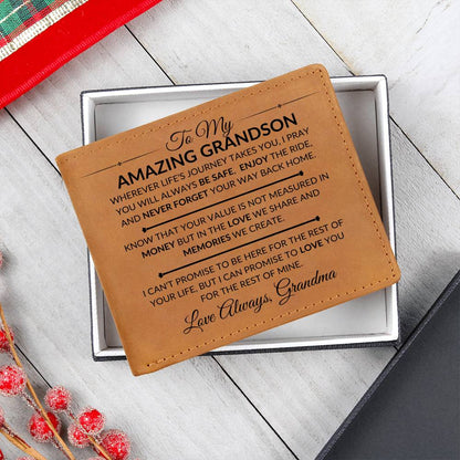 Never Forget Your Way Home - Custom Bi-fold Leather Wallet - Gift For Grandson From Grandma - Liliana and Liam