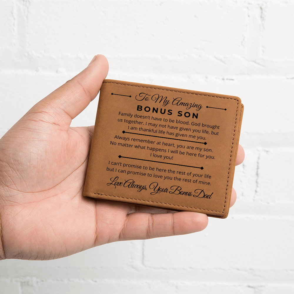 Family Doesn't Have To Be Blood - Custom Bi-fold Leather Wallet - Gift For Bonus Son From Bonus Dad - Liliana and Liam