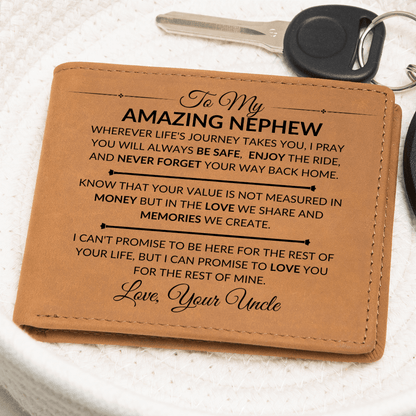 Gift For Nephew From Uncle- Never Forget Your Way Home - Men's Custom Bi-fold Leather Wallet - Great Gift Idea