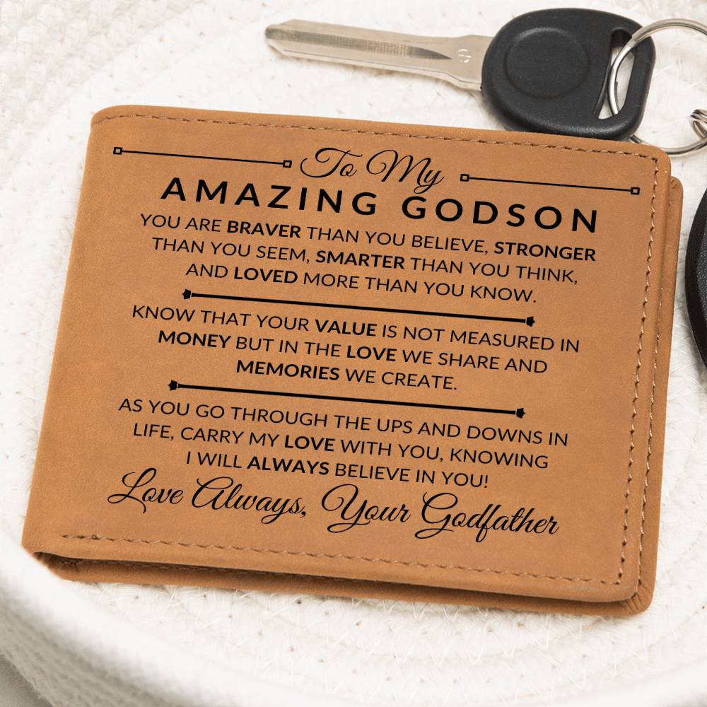 Gift For My Godson From Godfather - Carry My Love With You - Men's Custom Bi-fold Leather Wallet - Great Christmas Gift or Birthday Present Idea