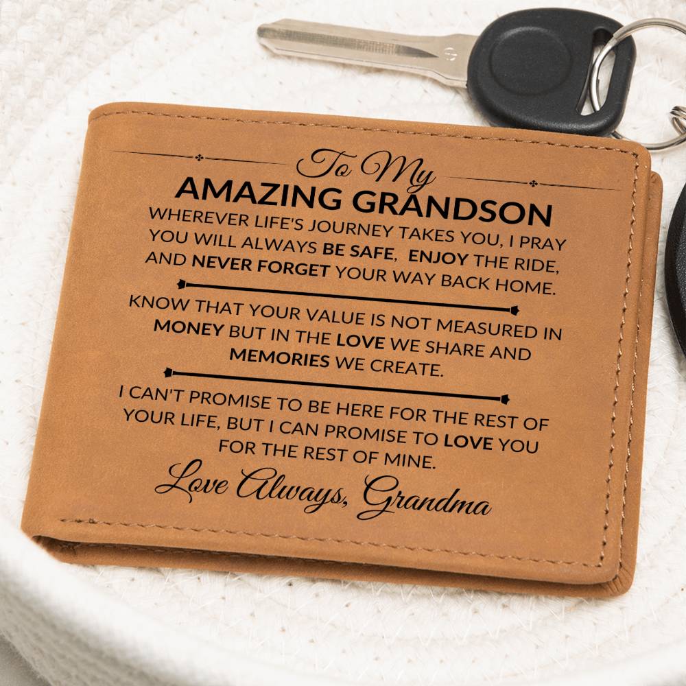 Gift For Grandson From Grandma - Never Forget Your Way Home - Men's Custom Bi-fold Leather Wallet - Great Christmas Gift or Birthday Present Idea