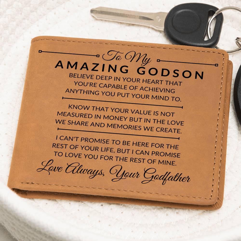 Godson Gift From Godfather- You Can Achieve Anything - Men's Custom Bi-fold Leather Wallet - Great Christmas Gift or Birthday Present Idea