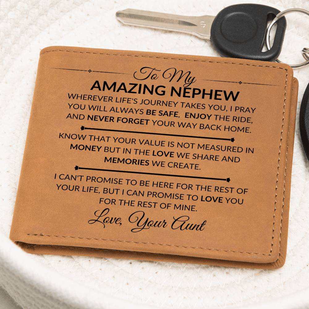 Gift For Nephew From Aunt - Never Forget Your Way Home - Men's Custom Bi-fold Leather Wallet - Great Christmas Gift or Birthday Present Idea