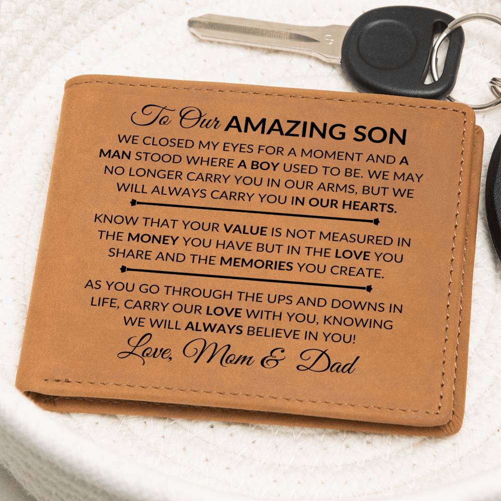Gift For My Son From His Mom and Dad - We Closed Our Eyes - Men's Custom Bi-fold Leather Wallet - Great Christmas Gift or Birthday Present Idea