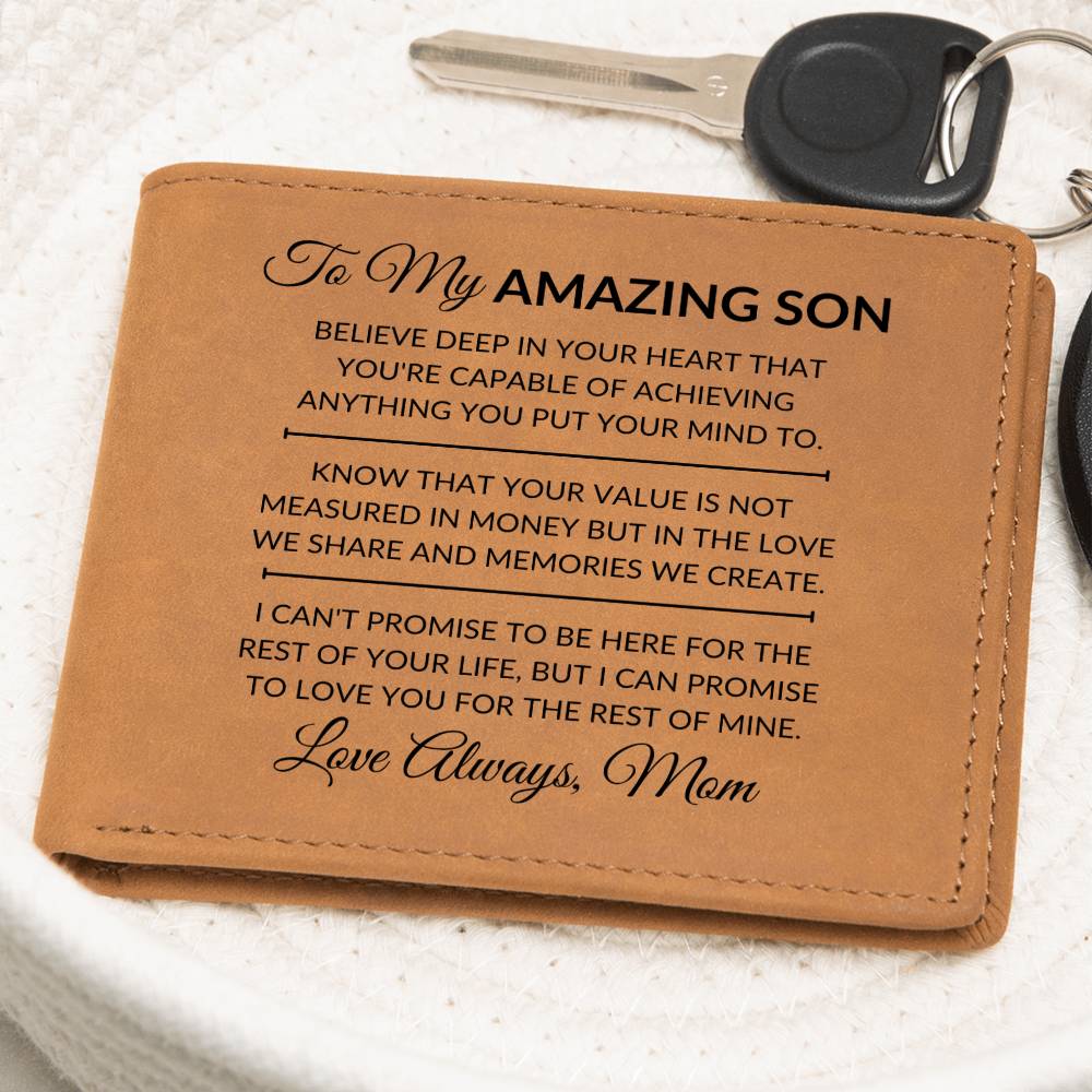 Son Gift From Mom - You Can Achieve Anything - Men's Custom Bi-fold Leather Wallet - Great Christmas Gift or Birthday Present Idea