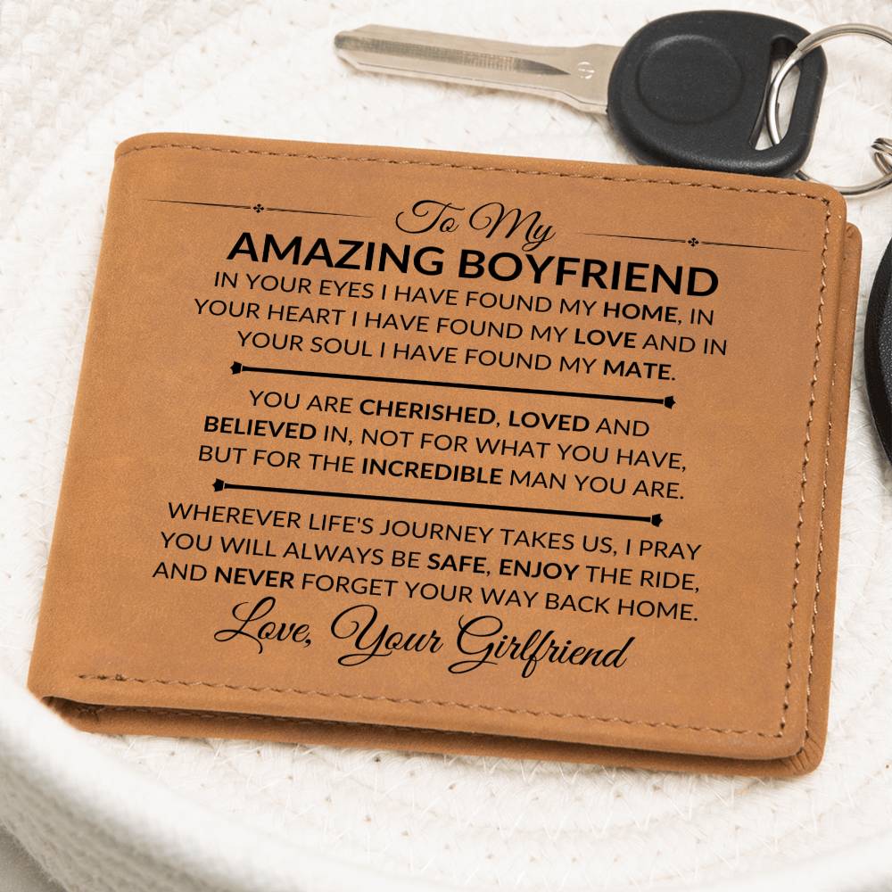 Gift For Boyfriend From Girlfriend - For An Incredible Man - Men's Custom Bi-fold Leather Wallet - Great Christmas Gift or Birthday Present Idea