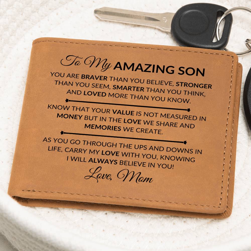 Gift For My Son From Mom - Carry My Love With You - Men's Custom Bi-fold Leather Wallet - Great Christmas Gift or Birthday Present Idea