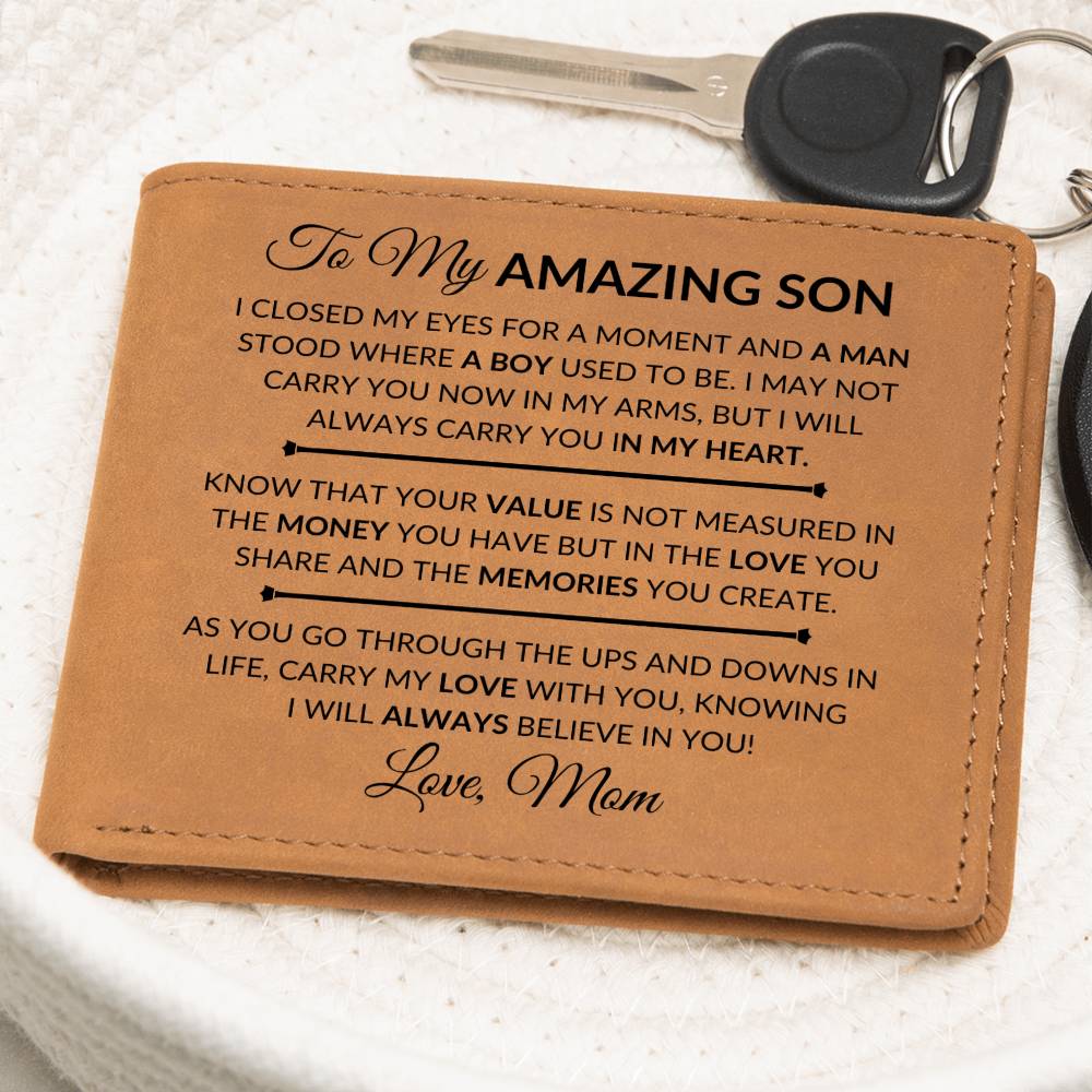 Gift For My Son From His Mom - I Closed My Eyes - Men's Custom Bi-fold Leather Wallet - Great Christmas Gift or Birthday Present Idea
