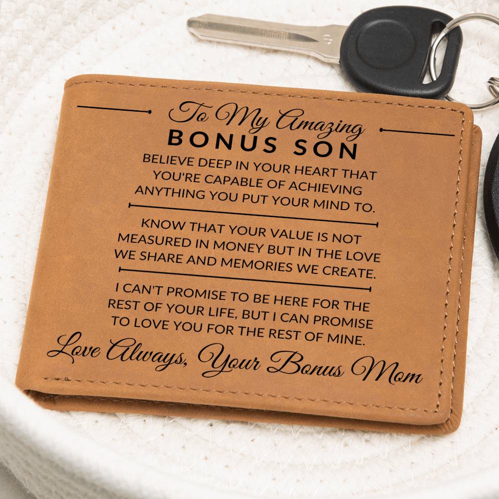 Bonus Son Gift From Bonus Mom - You Can Achieve Anything - Men's Custom Bi-fold Leather Wallet - Great Christmas Gift or Birthday Present Idea