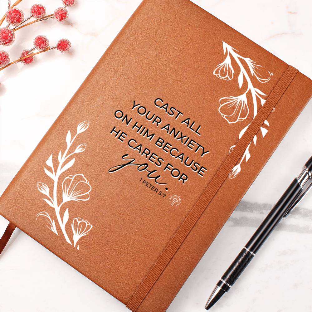 Christian Notebook - Case All Your Anxiety - 1 Peter 5:7 - Inspirational Leather Journal - Encouragement, Birthday or Christmas Gift