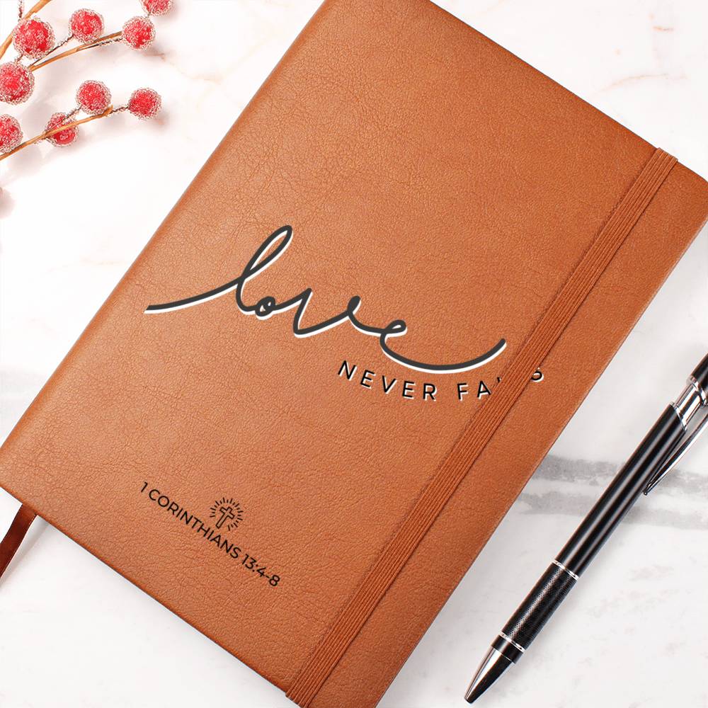 Christian Notebook - Love Never Fails - 1 Corinthians 13:4-8 - Inspirational Leather Journal - Encouragement, Birthday or Christmas Gift