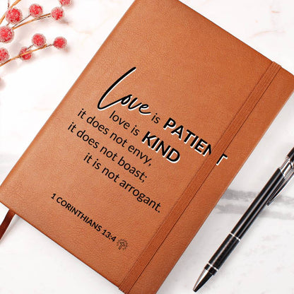 Love Is Patient - 1 Corinthians 13:4 - Custom Leather Journal - Christian Notebook - Liliana and Liam