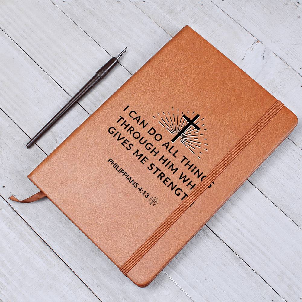 Christian Notebook - Through Him - Philippians 4:13 - Inspirational Leather Journal - Encouragement, Birthday or Christmas Gift