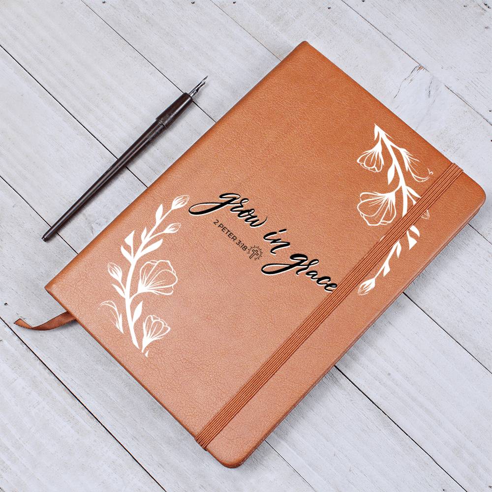 Christian Notebook - Grow In Grace - 2 Peter 3_18 - Inspirational Leather Journal - Encouragement, Birthday or Christmas Gift