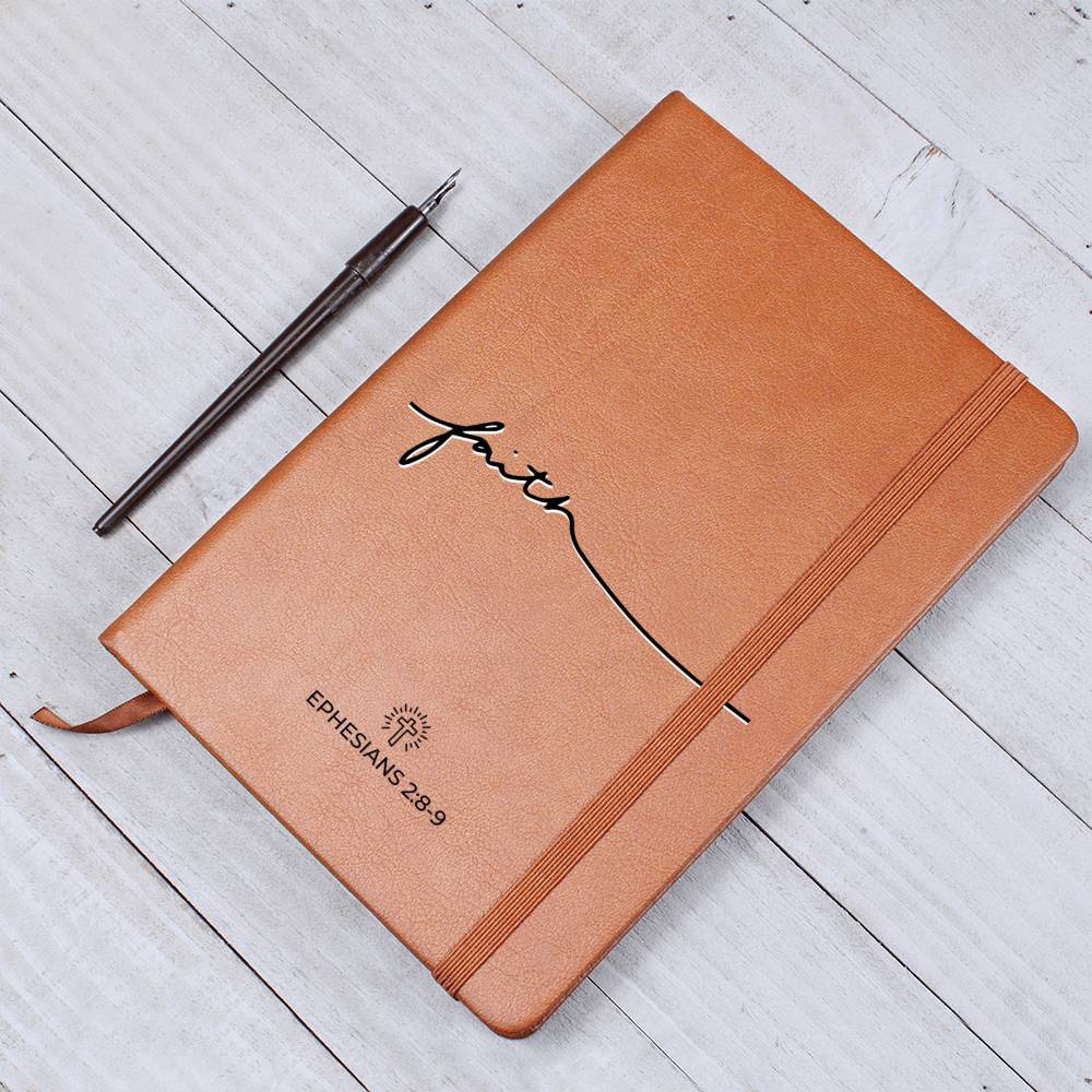 Christian Notebook - Through Faith - Ephesians 2:8-9 - Inspirational Leather Journal - Encouragement, Birthday or Christmas Gift