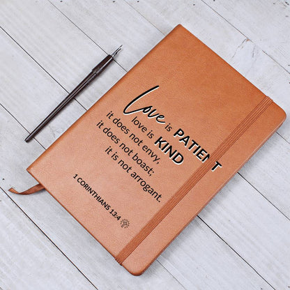 Love Is Patient - 1 Corinthians 13:4 - Custom Leather Journal - Christian Notebook - Liliana and Liam