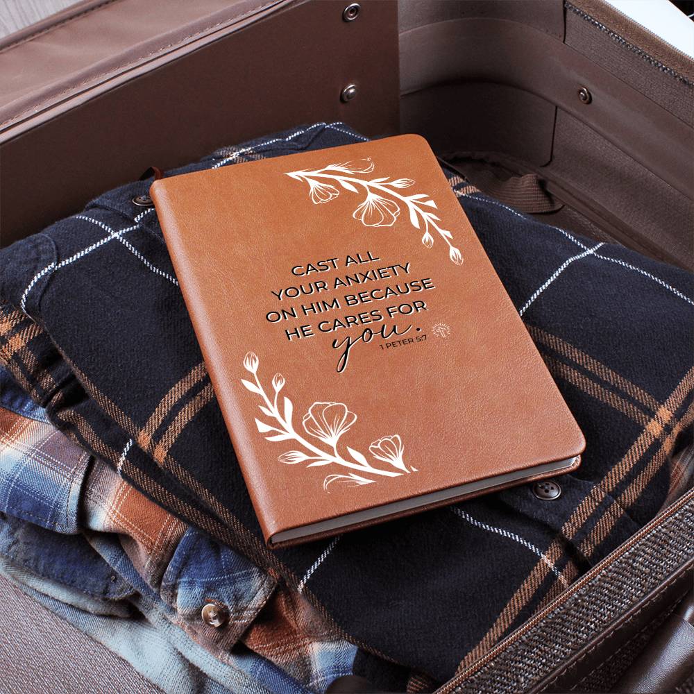 Christian Notebook - Case All Your Anxiety - 1 Peter 5:7 - Inspirational Leather Journal - Encouragement, Birthday or Christmas Gift