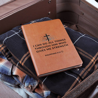 Through Him - Philippians 4:13 - Custom Leather Journal - Christian Notebook - Liliana and Liam