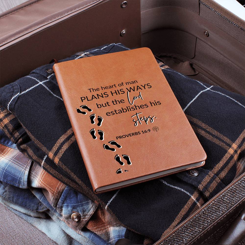 Christian Notebook - The Lord Establishes His Steps - Proverbs 16:9 - Inspirational Leather Journal - Encouragement, Birthday or Christmas Gift