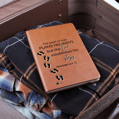The Lord Establishes His Steps - Proverbs 16:9 - Custom Leather Journal - Christian Notebook - Liliana and Liam
