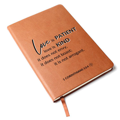 Love Is Patient - 1 Corinthians 13:4 - Custom Leather Journal - Christian Notebook - Liliana and Liam